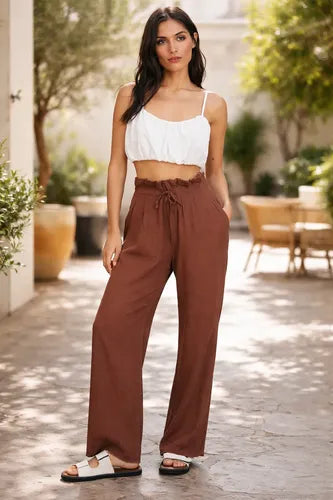 Pantalón  De Lino Cintura Alta Marrón Liso 42