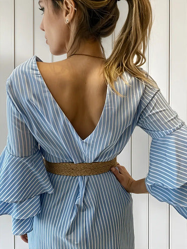 Vestido Camisa Estilo Boho Mangas Oxford Celeste S