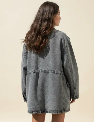 Saco Largo Jean Campera Camisaco Oversize Denim Talle Grande Gris 38 Liso