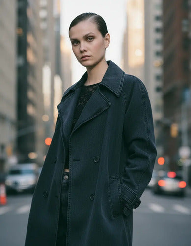 Trench Jean Tapado Denim Largo Sobretodo