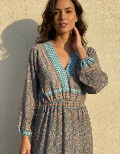 Vestido Largo De Seda Hindú Modelo Amplio Mod. 84 Turquesa Estampado Único