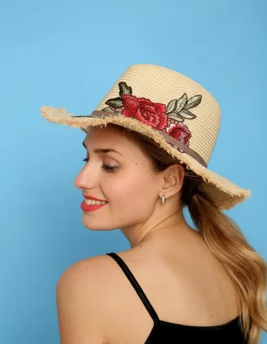 Gorro Sombrero Boho Bordado Importado  Marrón Claro U
