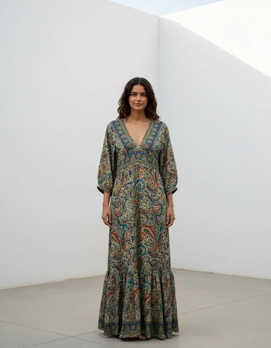 Vestido Largo De Seda Hindú Mangas 3/4 Multicolor Estampado Único