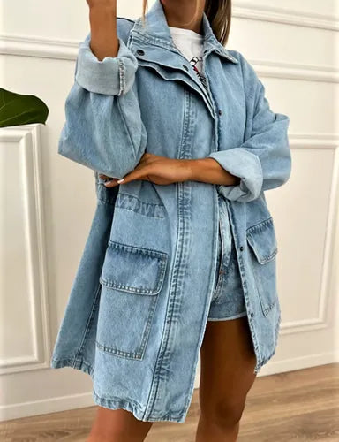 Saco Largo Jean Campera Camisaco Oversize Denim Talle Grande Gris 38 Liso