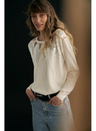 Sweater Bordado Importado Lentejuelas Paillettes Blanco U