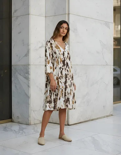 Vestido Manga Larga De India Estampado Modelo Amplio Blanco Con Marrón Manga Corta Estampado M
