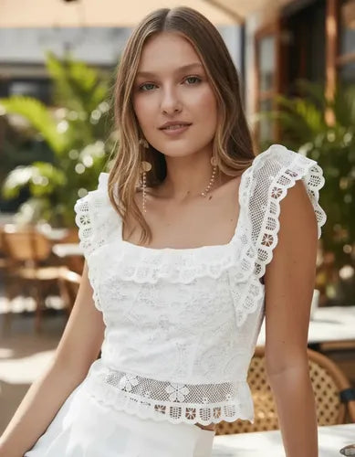 Blusa Sin Mangas Corta De Puntilla Blanco Liso Xl