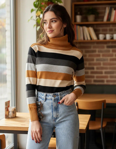 Sweater Tejido Polera Rayada Marrón Claro Unico