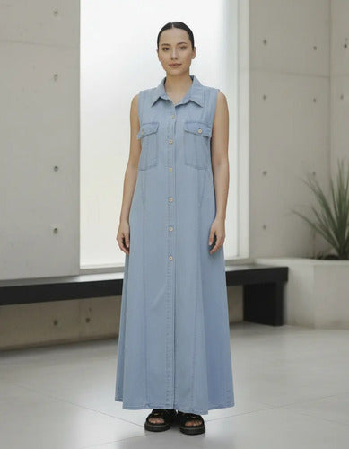 Vestido De Jean Abotonado Largo Maxi Denim Sin Mangas