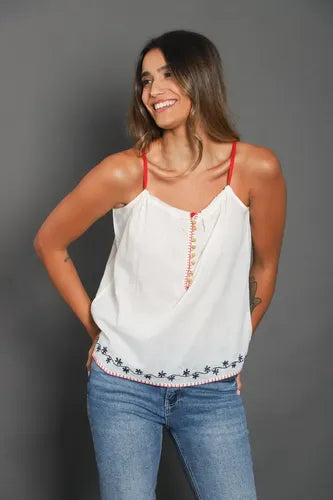 Blusa Musculosa Bordada Importada Crema Bordado Único