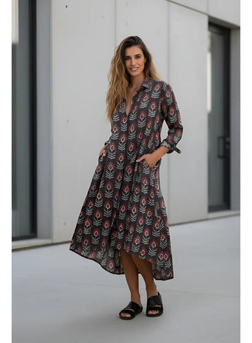 Vestido Largo Estilo Camisero Estampado Boho
