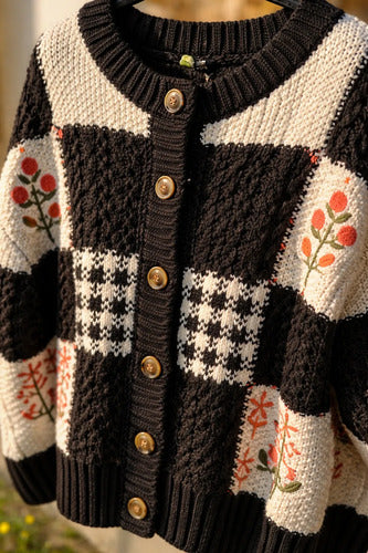 Saco Cárdigan Tejido Amplio Bordado Folk Boho