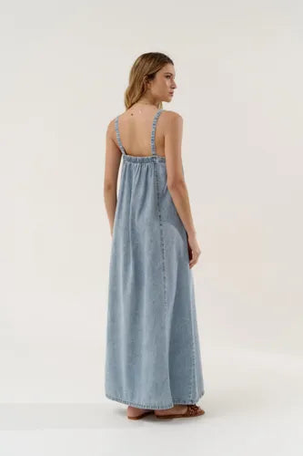 Vestido Jean Largo Solero Denim Nuevo De 2da Selección Celeste Liso M
