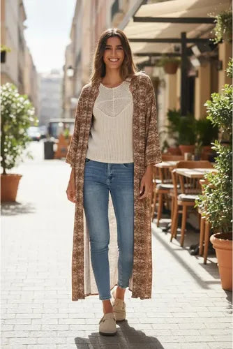 Kimono Estampado Largo De India Amplio Xxl Marrón Único