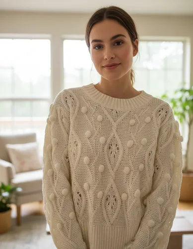 Sweater Tejido Folk Borlas Modelo Amplio Beige Liso Único