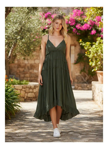 Vestido Solero Largo Simil Seda Verde Loro Lisa Único