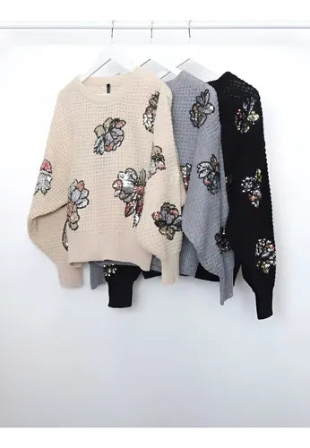 Sweater Tejido Panal Importado Lentejuelas Paillettes Negro Lentejuelas Único