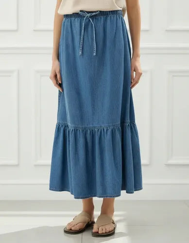 Pollera De Jean Larga Con Volado (modelo Grande) Xl/xxl Azul Liso Xl