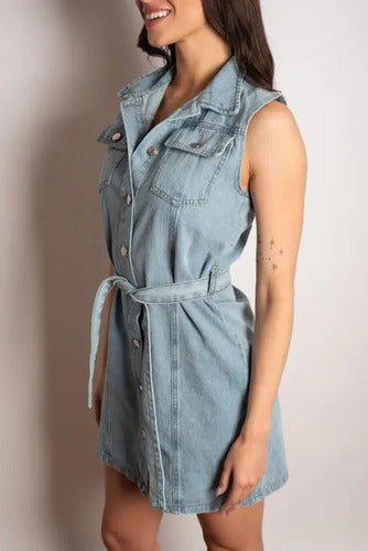 Vestido De Jean Rigido Sin Mangas Celeste Liso S