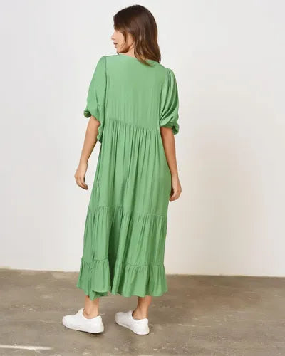 Vestido De Simil Seda Con Botones Verde Liso Único
