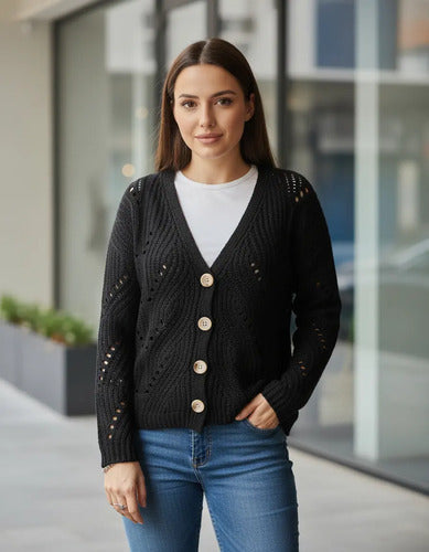 Cardigan Saco Tejido Calado Importado Negro Unico