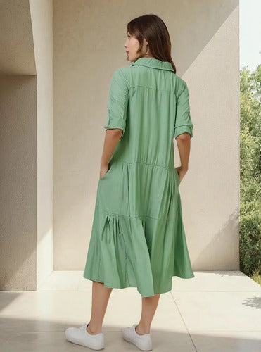 Vestido Camisero De Simil Seda Verde Lisa Único
