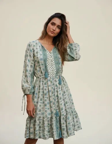 Vestido De Seda Hindú Corto Mod. 43 Beige Estampado Único