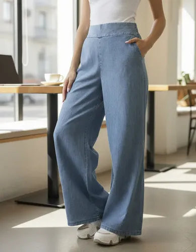 Pantalón Jean Amplio Palazzo Denim Celeste Liso S