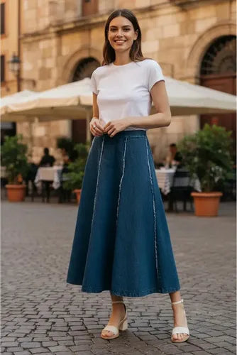 Pollera De Jean Larga Corte Evase Modelo Amplio