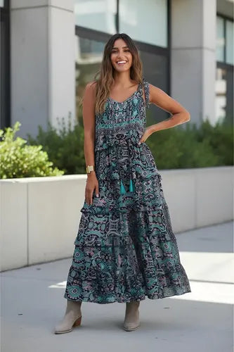 Vestido De Seda Hindú Mod. 7 Negro Estampado Único