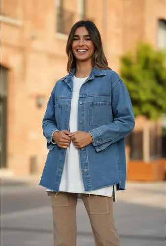 Campera De Jean Bordada Modelo Amplio Azul Único Liso