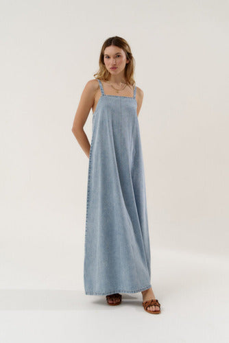 Vestido Jean Largo Solero Denim Nuevo De 2da Selección Celeste Liso S