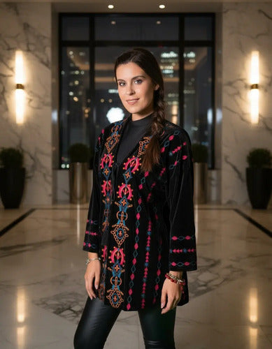 Saco Chaqueta Chiffon Bordada Velvet Fiesta Importada  Negro Único Liso