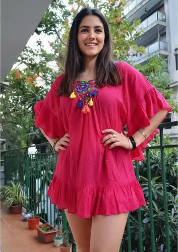 Blusa Camisola Tunica Bordada  Fucsia Unico
