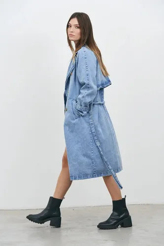 Trench Jean Tapado Denim Largo Sobretodo