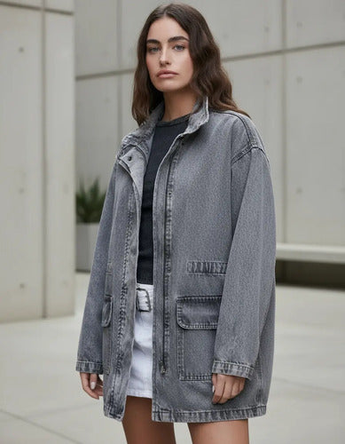 Saco Largo Jean Campera Camisaco Oversize Denim Talle Grande Gris 38 Liso