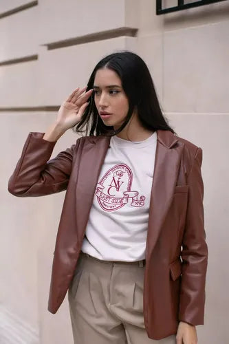 Saco Blazer Eco Cuero  Marrón Liso 42