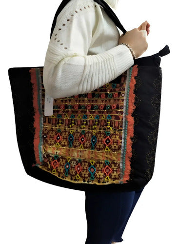 Cartera Bolso Maxi Bordado Boho Negro Bordado Bronce