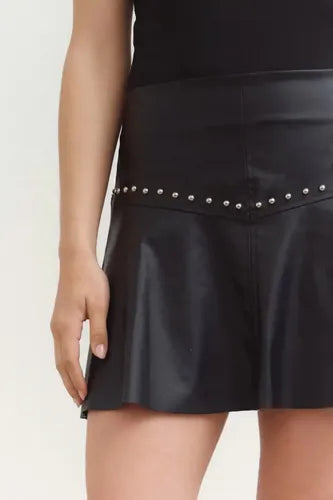 Mini Pollera Evasé Eco Cuero Negro Lisa 38