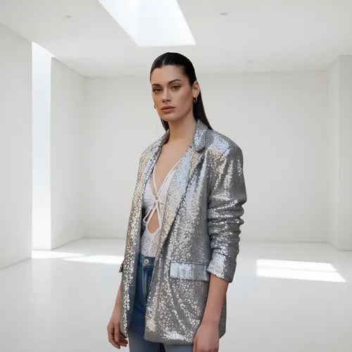 Saco Blazer Lentejuelas Plata Plateado Liso 40