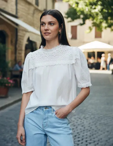 Blusa Con Cuello De Broderie Blanco Liso Xl