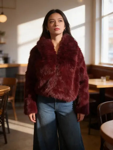 Saco Chaqueta De Piel Sintética Corto Bordó L Lisa