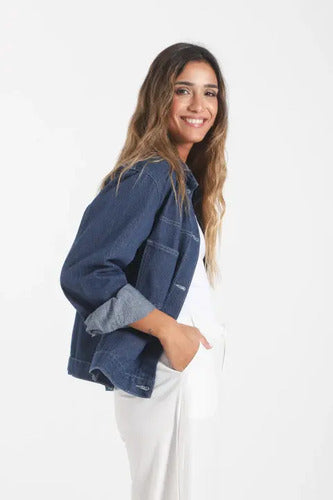 Campera De Jean Costura Contratono Azul S Liso