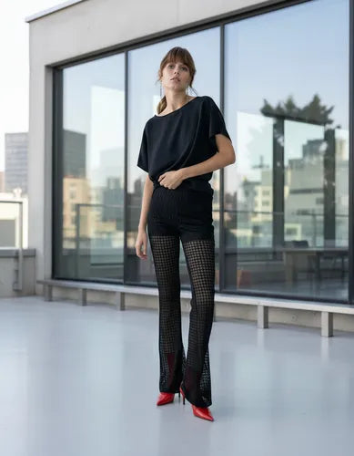 Pantalón Noche  Encaje Con Short Elastizado Negro Encaje S