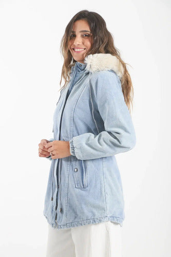 Campera De Abrigo De Jean Larga Con Piel Importada Azul Acero S Lisa