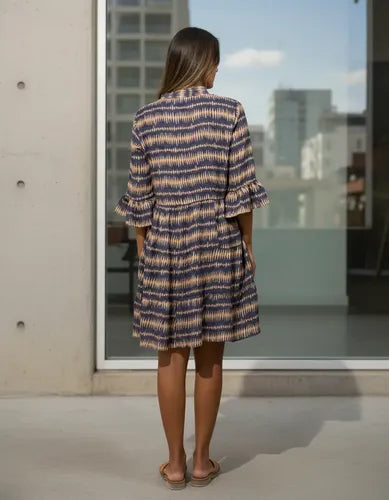 Vestido De Seda Hindú Corto Amplio Mod. 46 Nude Y Azul Estampado Único