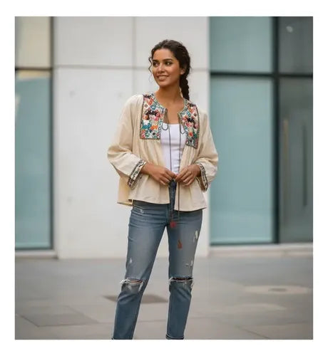 Saco Chaqueta Bordada Importada Tipo Vars Beige Unico Bordado