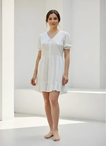 Vestido Lino Blanco Boho Con Cuello Blanco S