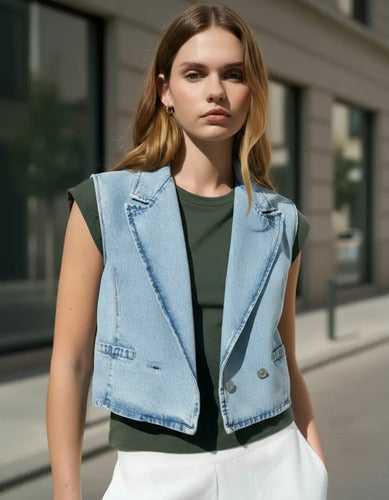 Chaleco De Jean Denim Corto Celeste Liso L