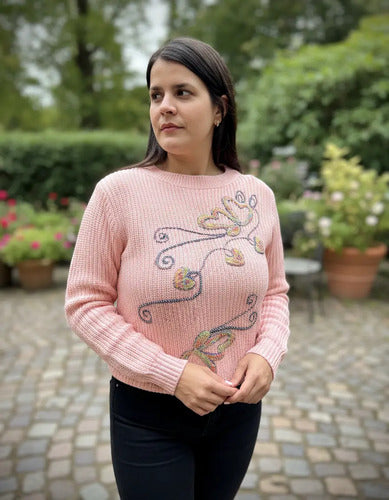 Sweater Pullover Bordado  Rosa Bordado M